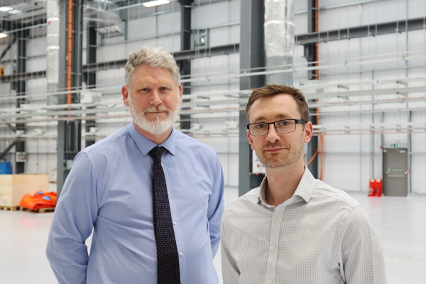 Professor Warren Manning of the University of Derby with Tom Purnell of the Nuclear AMRC, in the workshop of the new Nuclear AMRC Midlands building at Infinity Park Derby